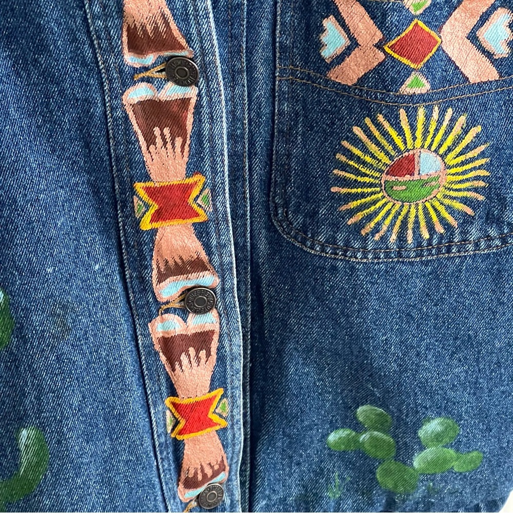 Hand Painted Vintage Ruff Hewn Denim Jean Jacket Southwest Aztec Desert Cactus S - Picture 8 of 16